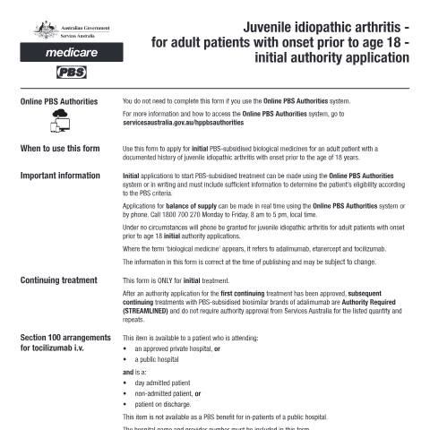 Document preview: Juvenile idiopathic arthritis - for adult patients with onset prior to age 18 - initial authority application form (PB062) — Services Australia — Health professionals, Australia (CERFA n°PB062)