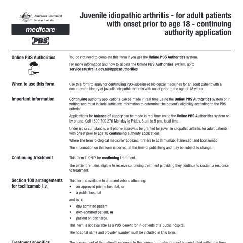 Document preview: Juvenile idiopathic arthritis - for adult patients with onset prior to age 18 - continuing authority application form (PB063) — Services Australia — Health professionals, Australia (CERFA n°PB063)