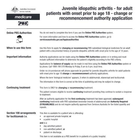 Document preview: Juvenile idiopathic arthritis - for adult patients with onset prior to age 18 - change or recommencement authority application form (PB282) — Services Australia — Health professionals, Australia (CERFA n°PB282)