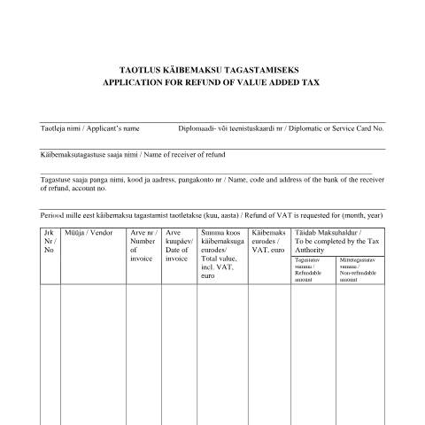 Document preview: Application for refund of VAT — business-client, Eesti (CERFA n°APPLICATION FOR REFUND OF)
