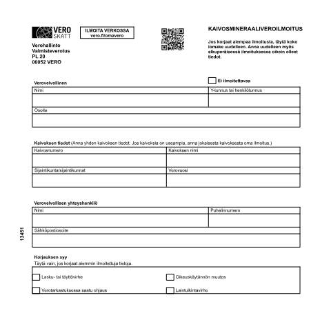 Document preview: Kaivosmineraaliveroilmoitus (1345) — Kaivosmineraalivero (1345), Suomi (CERFA n°Vero 1345)
