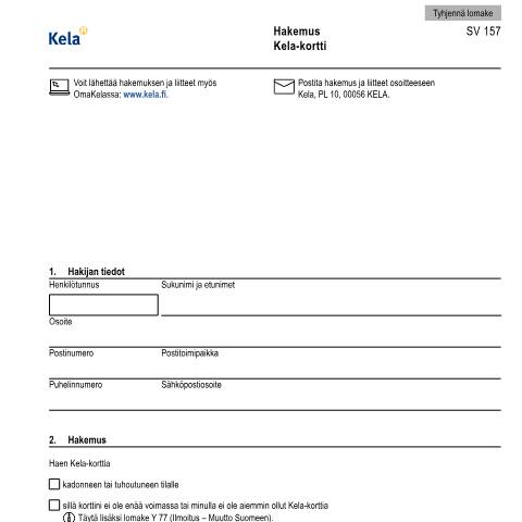 Document preview: Hakemus - Kela-kortti — Kelan kortit, Suomi (CERFA n°Kela SV 157)