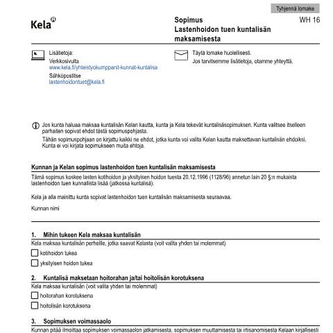 Document preview: Sopimus - Lastenhoidon tuen kuntalisän maksamisesta — Kumppanit, Suomi (CERFA n°Kela WH 16)