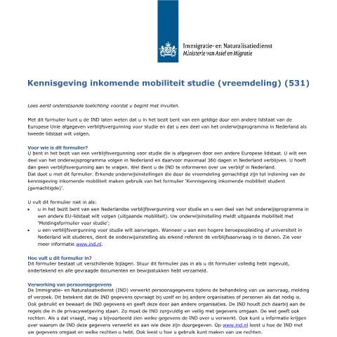 Documentvoorvertoning: Kennisgeving inkomende mobiliteit student (vreemdeling) — IND — immigratie, Nederland (CERFA n°7068)