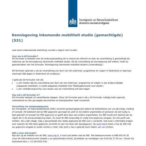 Documentvoorvertoning: Kennisgeving inkomende mobiliteit studie (gemachtigde) — IND — immigratie, Nederland (CERFA n°7066)