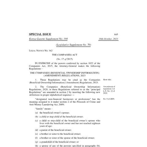 Document preview: L. N. 162 Companies (Beneficial Ownership Information) (Amendment) Regulations, 2023 — Regulation / Order, Kenya (CERFA n°L.-N.-162-Companies-Beneficial-Ownership-Information-Amendment-Regulations-2023)