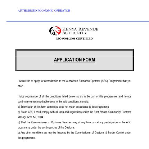 Document preview: AEO Application Form — Form, Kenya (CERFA n°AEO-Application-Form)