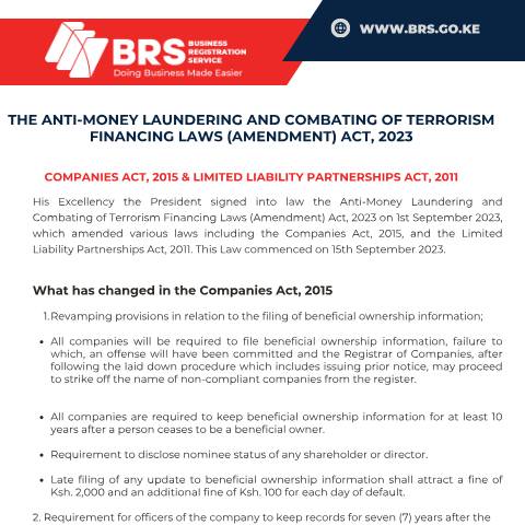 Document preview: Summary of the Anti-Money Laundering & Comabting Of Terrorism Financing Laws (AMENDMENT) ACT, 2023 – Companies Act 2015 a& LLP Act 2011 — Act / Law, Kenya (CERFA n°Summary-of-the-Anti-Money-Laundering-Comabting-Of-Terrorism-Financing-Laws-AMENDMENT-ACT-2023-Companies-Act-2015-a-LLP-A)