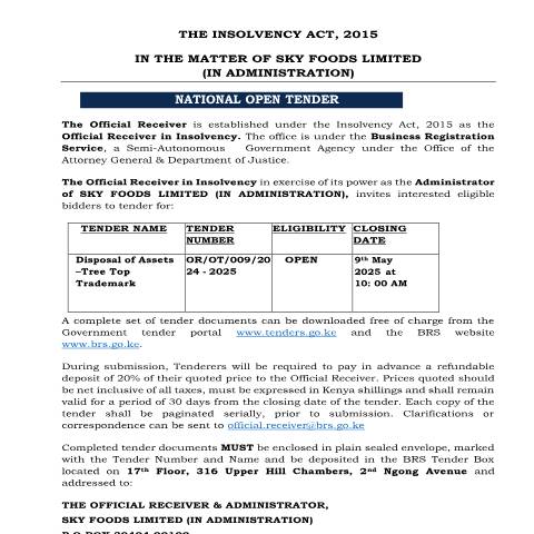 Document preview: TENDER NOTICE- DISPOSAL OF ASSETS-TREE TOP TRADEMARK — Document, Kenya (CERFA n°TENDER-NOTICE-DISPOSAL-OF-ASSETS-TREE-TOP-TRADEMARK)