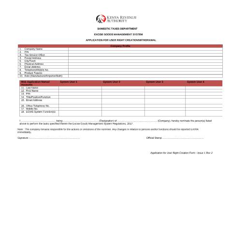 Document preview: EGMS external user creation form — Form, Kenya (CERFA n°KRA-EGMS-External-user-Creation-Form--New-1)