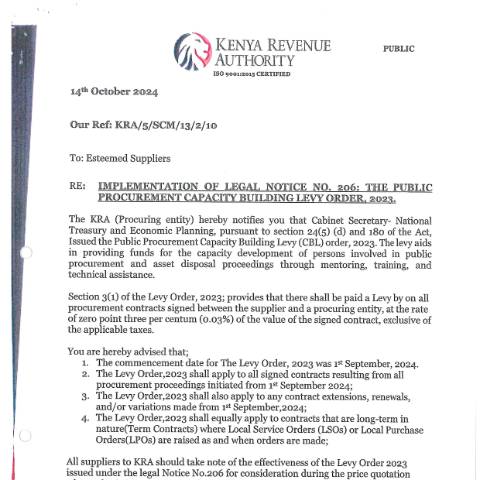 Document preview: Implementation of Legal Notice No. 206: the Public Procurement Capacity Building Levy Order, 2023 — Regulation / Order, Kenya (CERFA n°Implementation-of-CBL-Legal-Notice-No.-206)