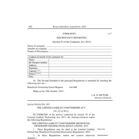 Document preview: L. N. 163 The limited Liability Parternership (Beneficial Ownership) Regulations 2023 — Regulation / Order, Kenya (CERFA n°L.-N.-163-The-limited-Liability-Parternership-Beneficial-Ownership-Regulations-2023)