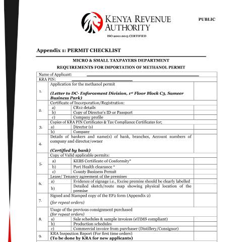 Document preview: Permit Checklist (Appendix 1) — Document, Kenya (CERFA n°Appendix-1-Methanol-Permit-Checklist)