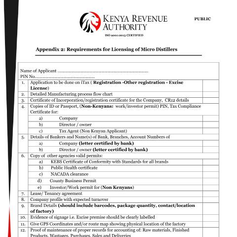 Document preview: Appendix 2 — Document, Kenya (CERFA n°Appendix-2-Requirements-for-Licensing-of-Micro-Distillers-)