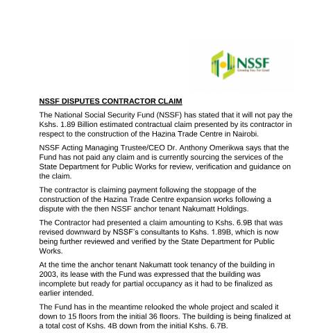 Document preview: NSSF DISPUTES CONTRATOR CLAIM-1 — Form, Kenya (CERFA n°NSSF-DISPUTES-CONTRATOR-CLAIM-1)