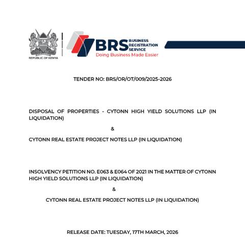 Document preview: TENDER DOCUMENT FOR DISPOSAL OF PROPERTIES FOR CYTONN HIGH YIELD SOLUTIONS LLP(IN LIQUIDATION)-Final — Document, Kenya (CERFA n°TENDER-DOCUMENT-FOR-DISPOSAL-OF-PROPERTIES-FOR-CYTONN-HIGH-YIELD-SOLUTIONS-LLPIN-LIQUIDATION-Final)