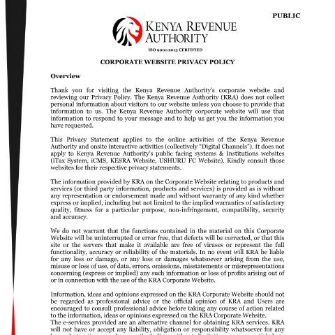 Document preview: Privacy Policy — Policy, Kenya (CERFA n°KRA_WEBSITE_PRIVACY_POLICY_2018)