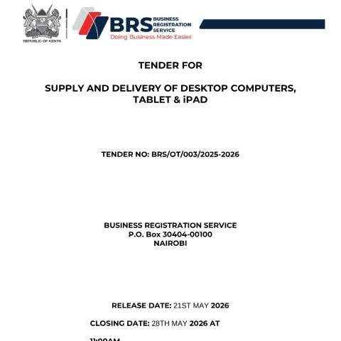 Document preview: TENDER FOR SUPPLY & DELIVERY OF DESKTOP COMPUTERS, TABLET & IPAD — Document, Kenya (CERFA n°TENDER-FOR-SUPPLY-DELIVERY-OF-DESKTOP-COMPUTERS-TABLET-IPAD)