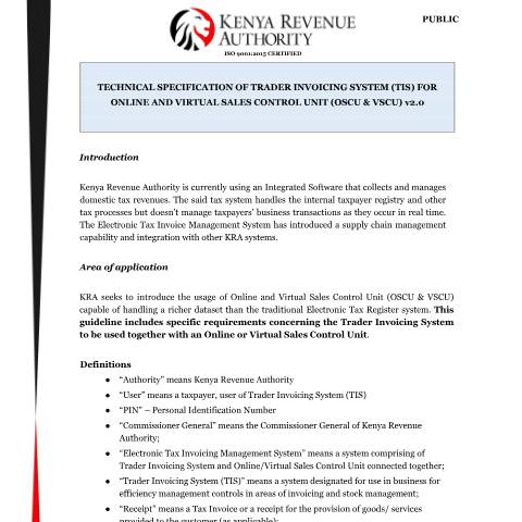 Document preview: Technical Specification for the Trader Invoicing System — Document, Kenya (CERFA n°TIS-for-OSCU--VSCU-Technical-Specifications-v2.0)