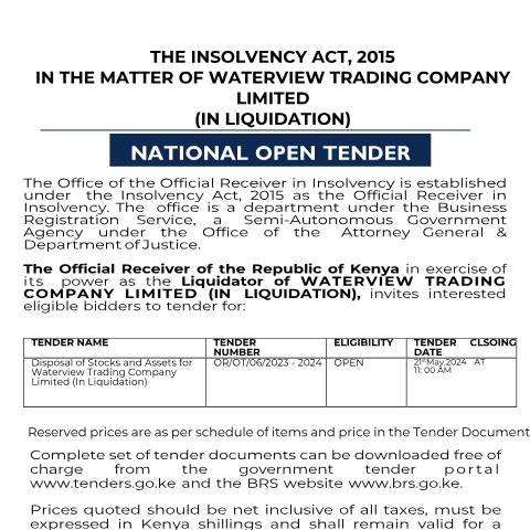 Document preview: TENDER NOTICE-WATERVIEW — Document, Kenya (CERFA n°TENDER-NOTICE-WATERVIEW)