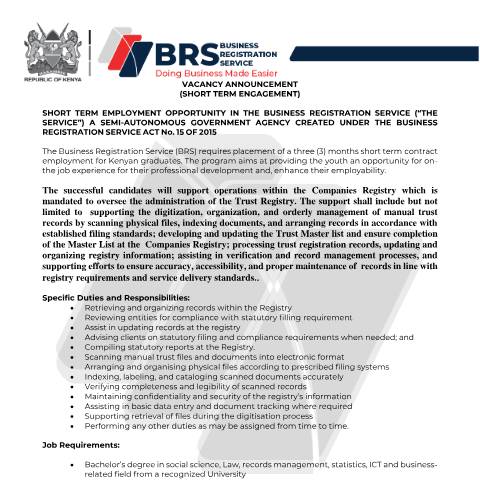 Document preview: ADVERT-SHORT TERM EMPLOYMENT-FINAL — Document, Kenya (CERFA n°ADVERT-SHORT-TERM-EMPLOYMENT-FINAL)