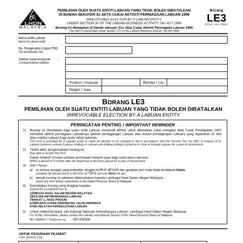Document preview: Form LE3 — Labuan Entity, Malaysia