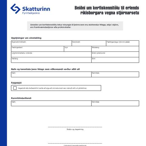 Document preview: Beiðni um kerfiskennitölu til erlends ríkisborgara vegna stjórnarsetu — Fyrirtækjaskrá, Ísland (CERFA n°RSK 17.62)