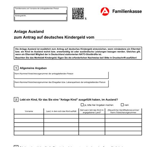 Dokumentvorschau: kg51-ju-anlageausland_ba032465 — Öffnet in neuem Tab Anlage Ausland zum Antrag auf deutsches Kindergeld für Bosnien, Serbien, Montenegro und Kosovo (KG 51-ju) Formular für Bosnien und Herzegowina, Serbien, Montenegro und Kosovo (deutsch) pdf | 1.45 MB | barrierefrei — Familienkasse/kg51, Deutschland (CERFA n°kg51-ju-anlageausland_ba032465)