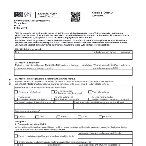 Document preview: Paperilomake 3743: Kiinteistöveroilmoitus — Kiinteistöveroilmoitus (3743), Suomi