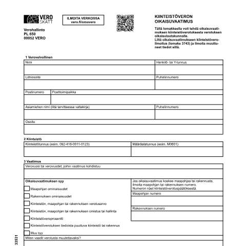 Document preview: Paperilomake 3353: Kiinteistöveron oikaisuvaatimus — Paperilomake 3353: Kiinteistöveron oikaisuvaatimus, Suomi