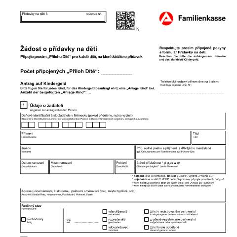 Dokumentvorschau: kb1-cz-antrag-kindegeld_ba033740 — Öffnet in neuem Tab Žádost o přídavky na děti (KG1-cz) Antrag auf Kindergeld (tschechisch) pdf | 1.41 MB | nicht barrierefrei — Familienkasse/kb1, Deutschland (CERFA n°kb1-cz-antrag-kindegeld_ba033740)