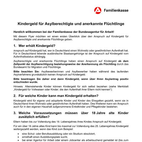 Dokumentvorschau: kg-asylberechtigte_ba035095 — Öffnet in neuem Tab Flyer zum Kindergeld für Asylberechtigte und anerkannte Flüchtlinge (Deutsch) Die wichtigsten Informationen zum Kindergeld kurz erklärt pdf | 149.56 KB | barrierefrei — Familienkasse/kg, Deutschland (CERFA n°kg-asylberechtigte_ba035095)