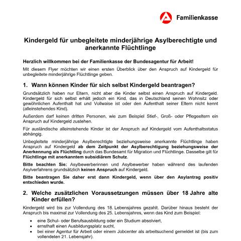 Dokumentvorschau: kg-unbegleitetekinder_ba035080 — Öffnet in neuem Tab Flyer zum Kindergeld für unbegleitete minderjährige Asylberechtigte und anerkannte Flüchtlinge (Deutsch) Die wichtigsten Informationen zum Kindergeld kurz erklärt pdf | 147.75 KB | barrierefrei — Familienkasse/kg, Deutschland (CERFA n°kg-unbegleitetekinder_ba035080)