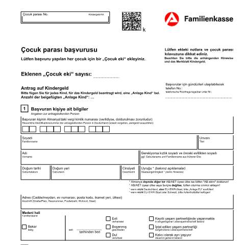 Dokumentvorschau: kb1-t-antrag-kindegeld_ba033730 — Öffnet in neuem Tab Çocuk parası başvurusu (KG1-tk) Antrag auf Kindergeld (türkisch) pdf | 1.40 MB | nicht barrierefrei — Familienkasse/kb1, Deutschland (CERFA n°kb1-t-antrag-kindegeld_ba033730)