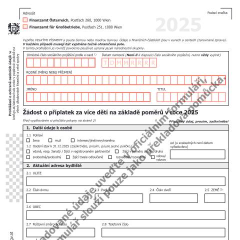Dokumentvorschau: E4-CS — Žádost o příplatek za více dětí na základě poměrů v roce 2025 — Steuern, Österreich (CERFA n°E4-CS)