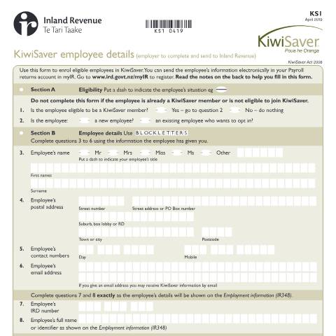 Document preview: KiwiSaver employee details — KiwiSaver, New Zealand (CERFA n°KS1)