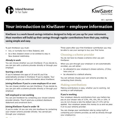 Document preview: Your introduction to KiwiSaver – employee information — KiwiSaver, New Zealand (CERFA n°KS3)