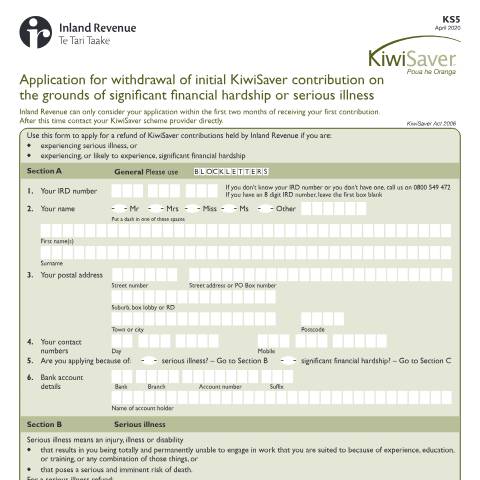 Document preview: Application for withdrawal of initial KiwiSaver contribution — KiwiSaver, New Zealand (CERFA n°KS5)