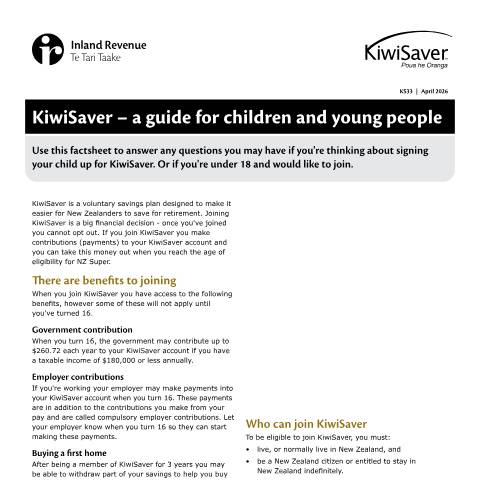 Document preview: KiwiSaver – a guide for children and young people — KiwiSaver, New Zealand (CERFA n°KS33)