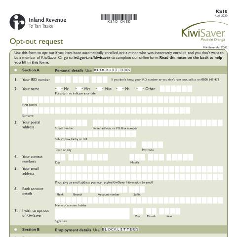 Document preview: KiwiSaver opt-out request — KiwiSaver, New Zealand (CERFA n°KS10)