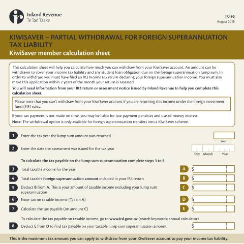 Document preview: KiwiSaver partial withdrawal for foreign superannuation tax - calculation sheet — KiwiSaver, New Zealand (CERFA n°IR496)