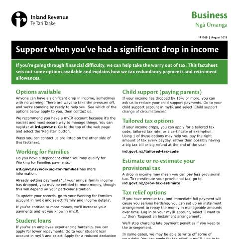 Document preview: Support when you’ve had a significant drop in income — KiwiSaver, New Zealand (CERFA n°IR1009)