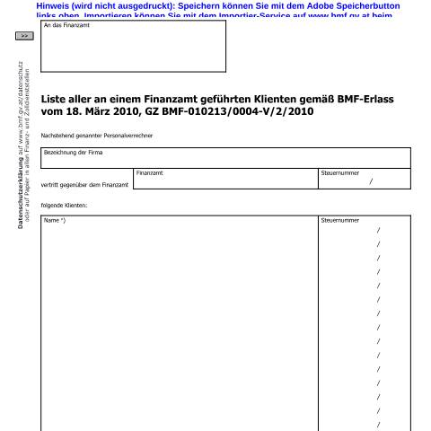 Dokumentvorschau: PV1 — Liste aller an einem Finanzamt geführten Klienten gemäß BMF-Erlass vom 18. März 2010, GZ BMF-010213/0004-V/2/2010 — Steuern, Österreich (CERFA n°PV1)
