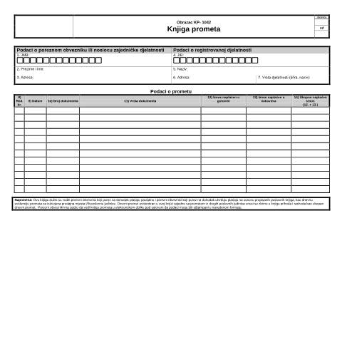 Document preview: KNJIGA PROMETA — Obrazac | Fizičko lice - obrtnik | Porez na dohodak, Bosna i Hercegovina (CERFA n°KPR-1042)