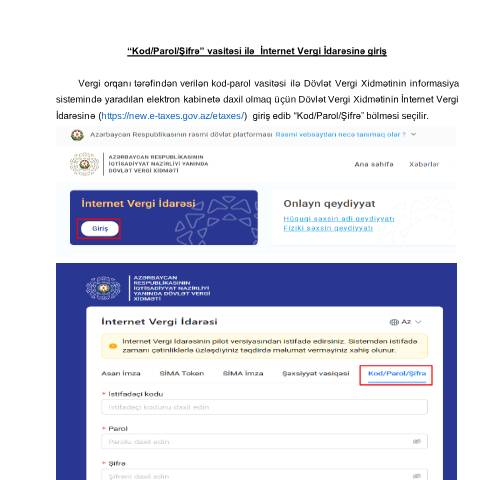 Document preview: "Kod/Parol/Şifrə" vasitəsi ilə İnternet Vergi İdarəsinə giriş — Digər vergi/rəsmi sənədlər (autres documents fiscaux/officiels), Azərbaycan