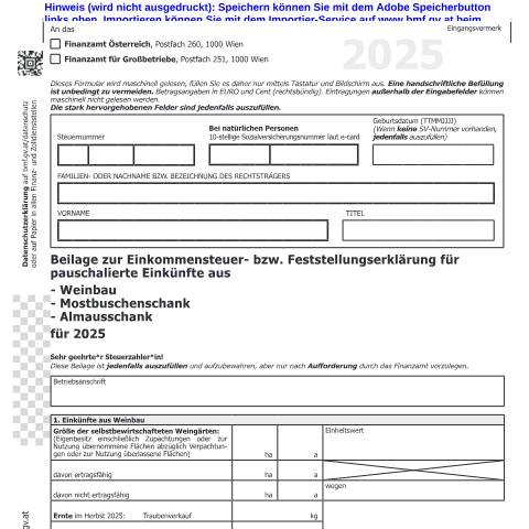 Dokumentvorschau: Komb24 — Beilage zur Einkommensteuer- bzw. Feststellungserklärung für pauschalierte Einkünfte aus Weinbau / Mostbuschenschank / Almausschank für 2025 — Steuern, Österreich (CERFA n°Komb24)