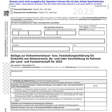 Dokumentvorschau: Komb26 — Beilage zur Einkommensteuer- bzw. Feststellungserklärung für Einkünfte aus Nebenerwerb, Be- und/oder Verarbeitung im Rahmen der Land- und Forstwirtschaft für 2025 — Steuern, Österreich (CERFA n°Komb26)