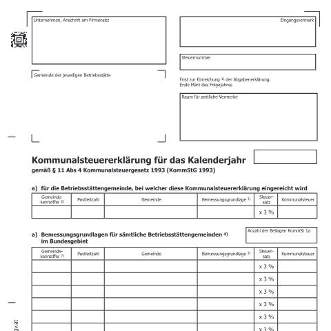 Dokumentvorschau: KommSt1 — Kommunalsteuererklärung — Steuern, Österreich (CERFA n°KommSt1)