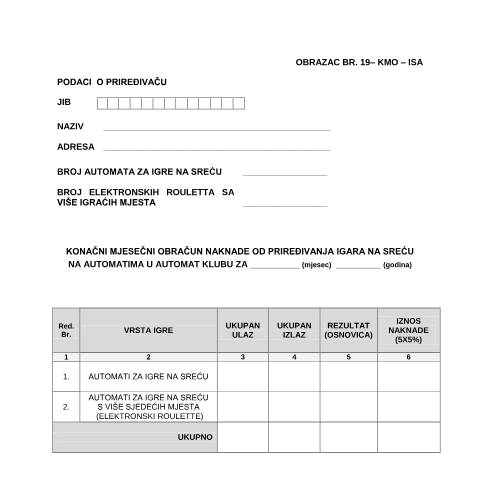 Document preview: KONAČNI MJESEČNI OBRAČUN NAKNADE OD PRIREĐIVANJA IGARA NA SREĆU NA AUTOMATIMA U AUTOMAT KLUBU — Obrazac | Igre na sreću, Bosna i Hercegovina (CERFA n°KMO-ISA)