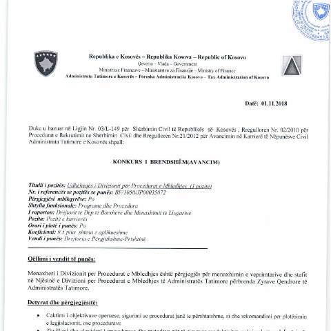 Document preview: Konkurs i brendshëm — Employment, Kosovë